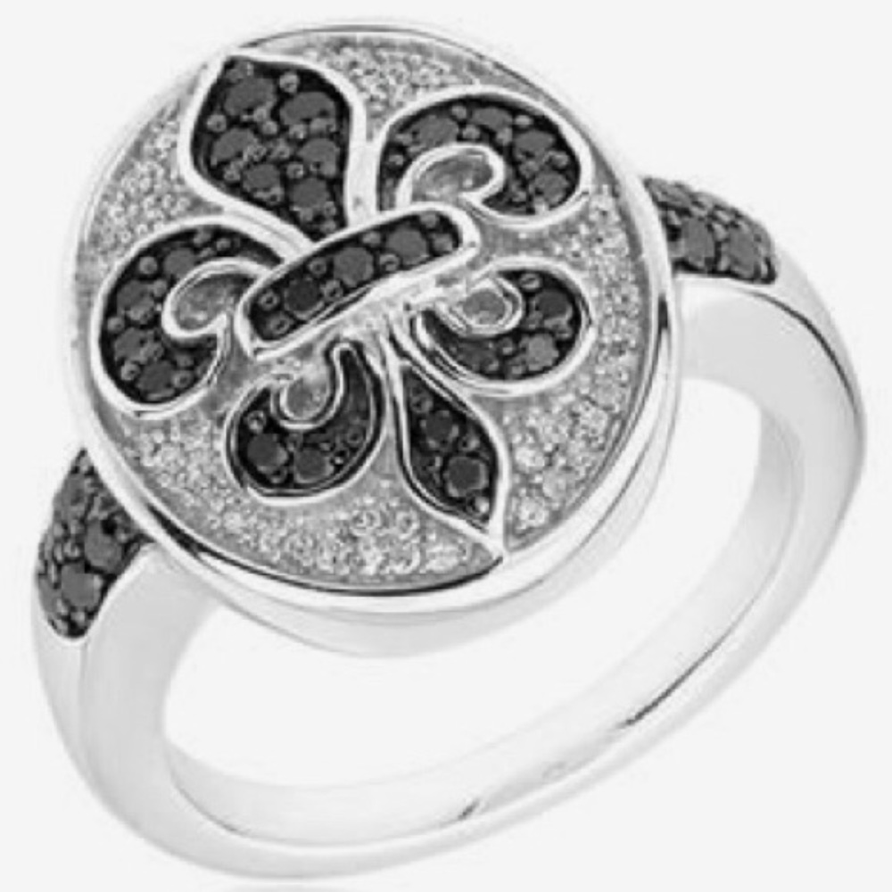 ISO Fleur-de-lis black white spinel diamond ring